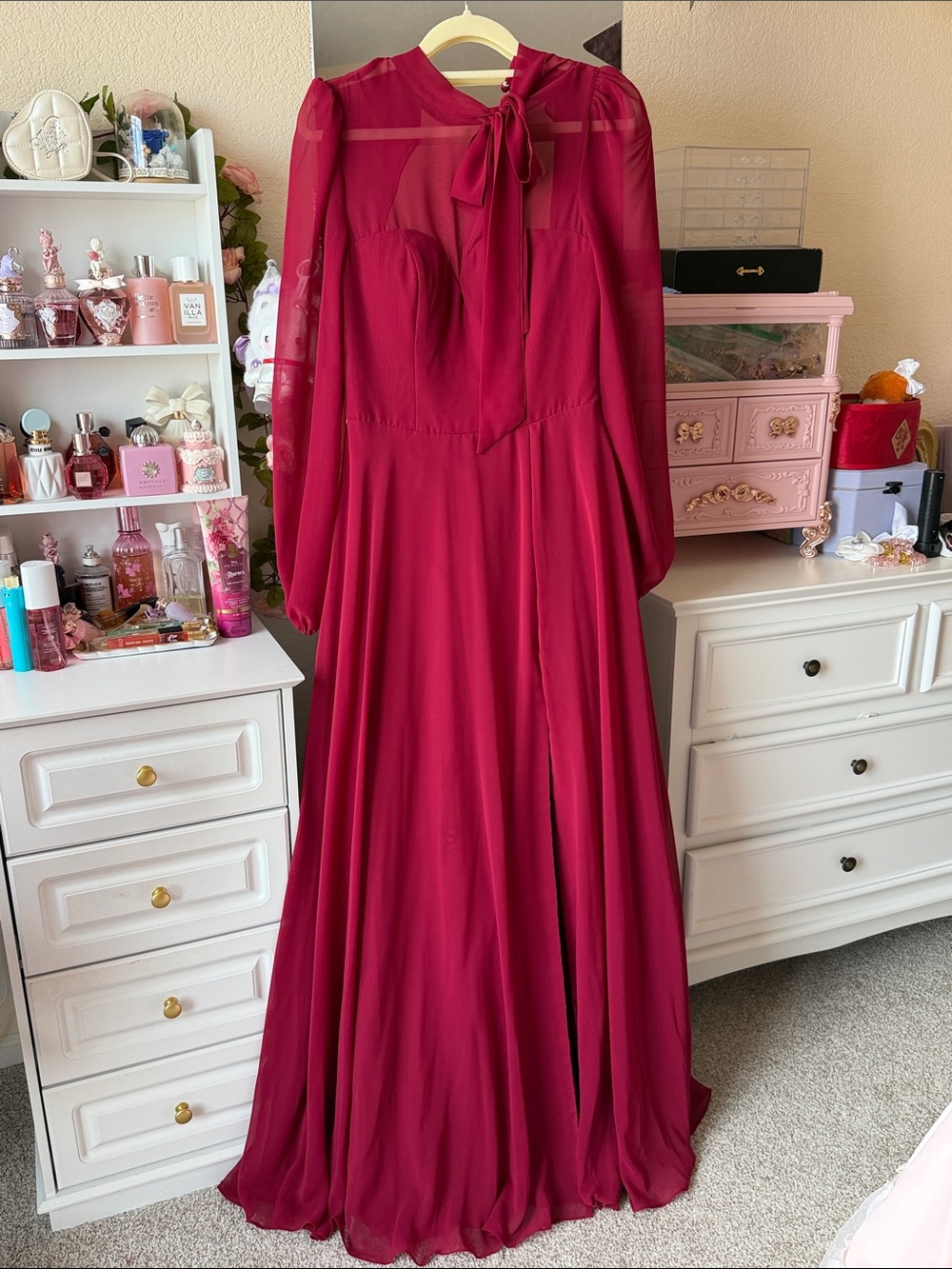 Azazie Elegant Women's Long Sleeve Bow-Tie Maxi Dress in Berry